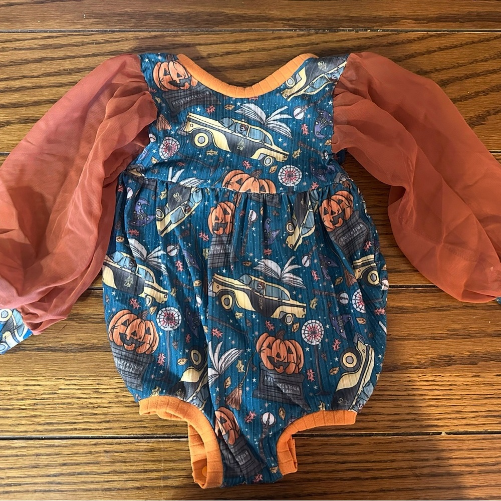 HalloweenTown Bubble Romper with Orange Sleeves